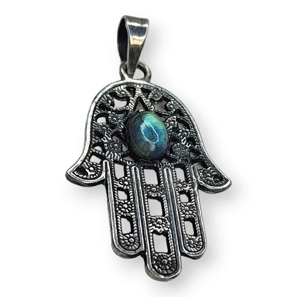 Vintage Hamsa Pendant Sterling Silver 925 Labradorite Blue Green 1.9